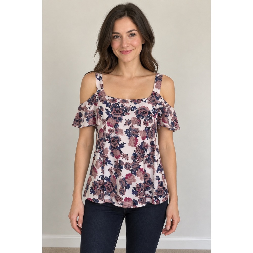 Ultra Flirt Womens Floral Cold Shoulder Ruffle Top Purple Pink Small 3D464